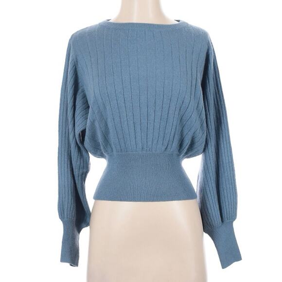 Crush. Cashmere Prague Blue Balloon Sleeve Ribbed Cashmere Sweater 1 S - Picture 7 of 11